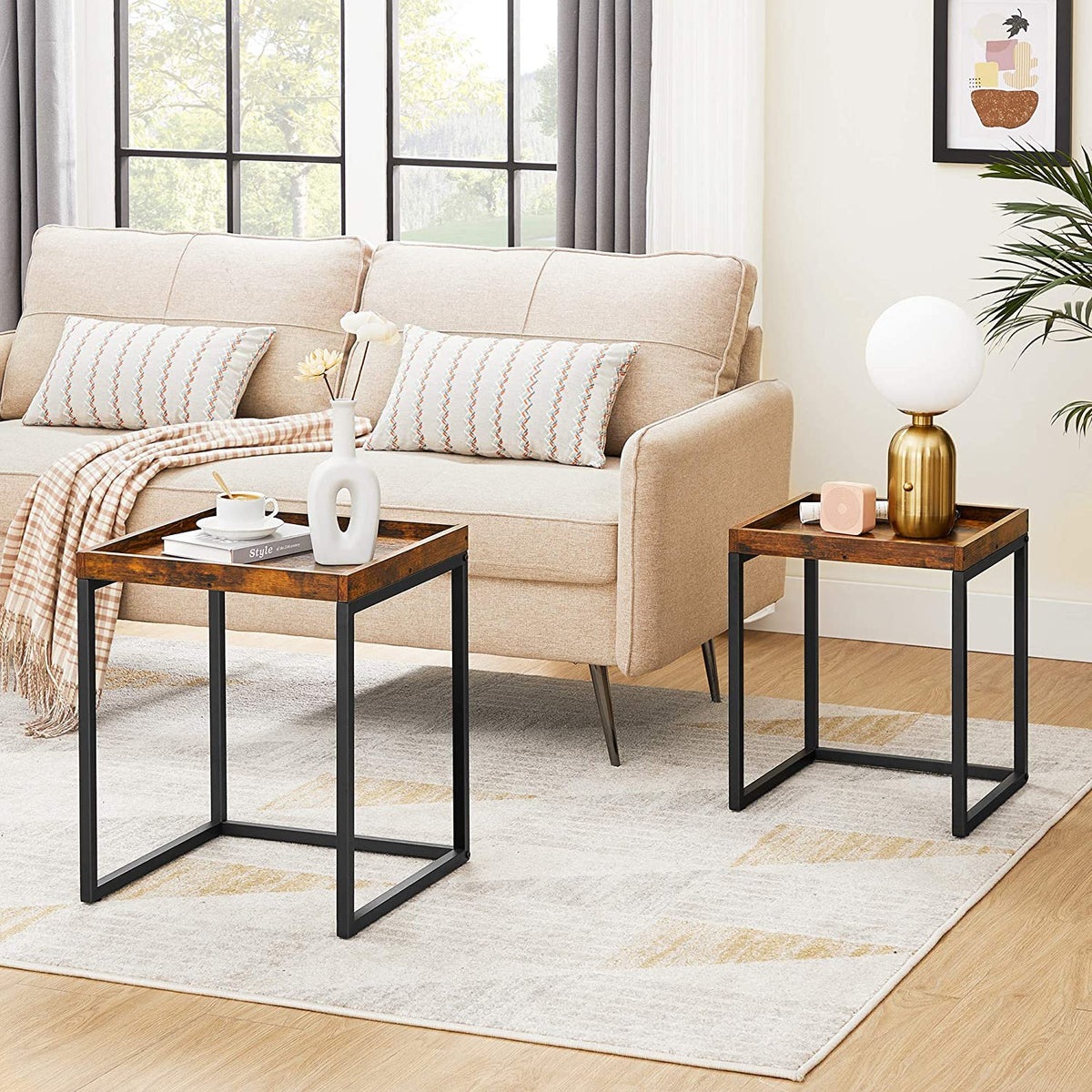 Nest Of Tables: 2 Side Tables, End Tables with Raised Edges, Coffee Tables for Living Room, Industrial Rustic Brown and Black