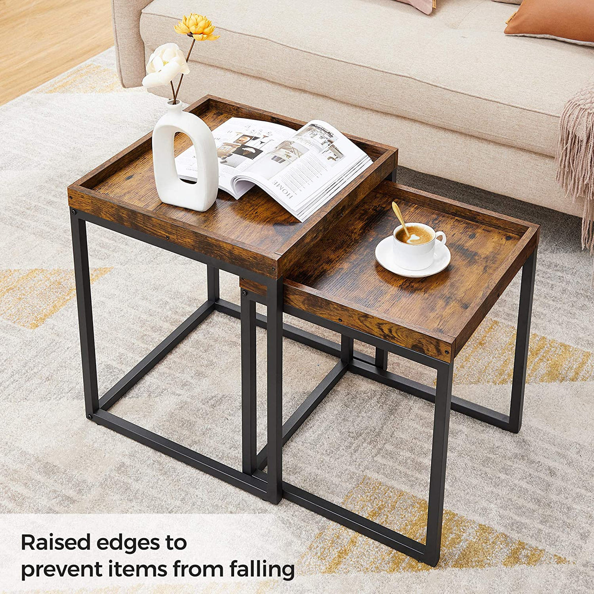 Nest Of Tables: 2 Side Tables, End Tables with Raised Edges, Coffee Tables for Living Room, Industrial Rustic Brown and Black