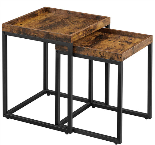 Nest Of Tables: 2 Side Tables, End Tables with Raised Edges, Coffee Tables for Living Room, Industrial Rustic Brown and Black