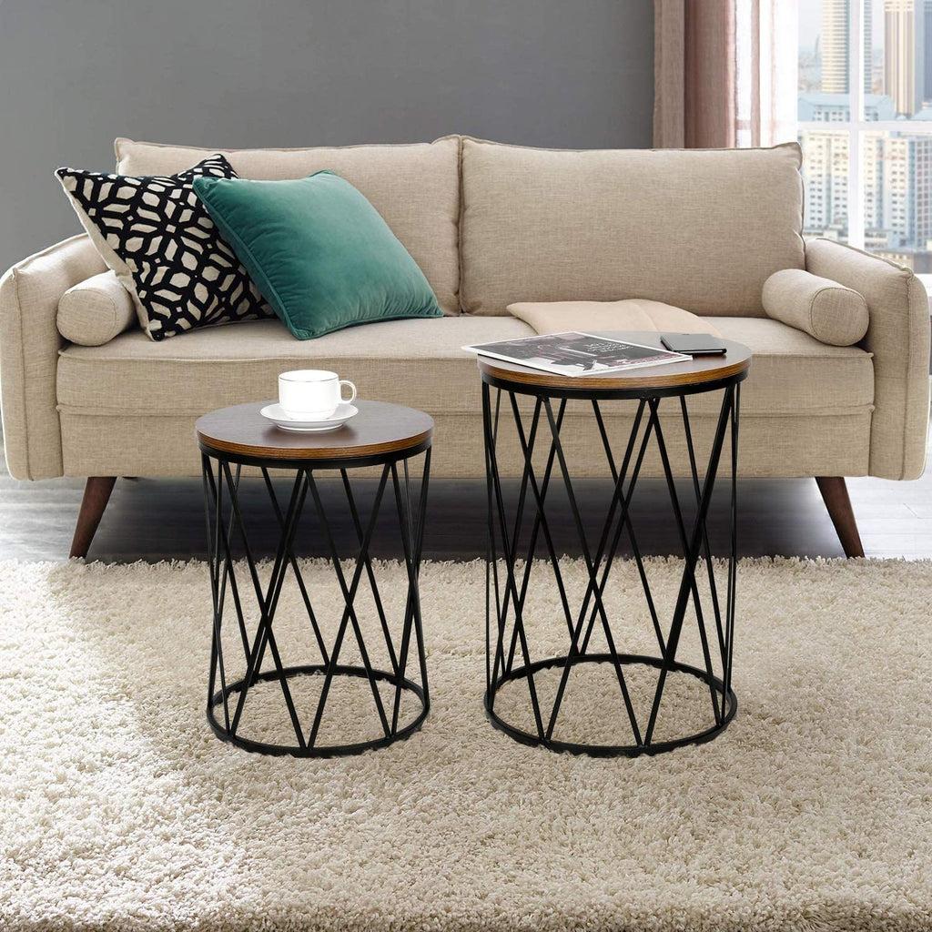 Nest Of Tables: Set of 2 Industrial Nesting Coffee Tables with Wood and Metal Frame, Modern Nightstand for Living Room Office, Easy to Storage