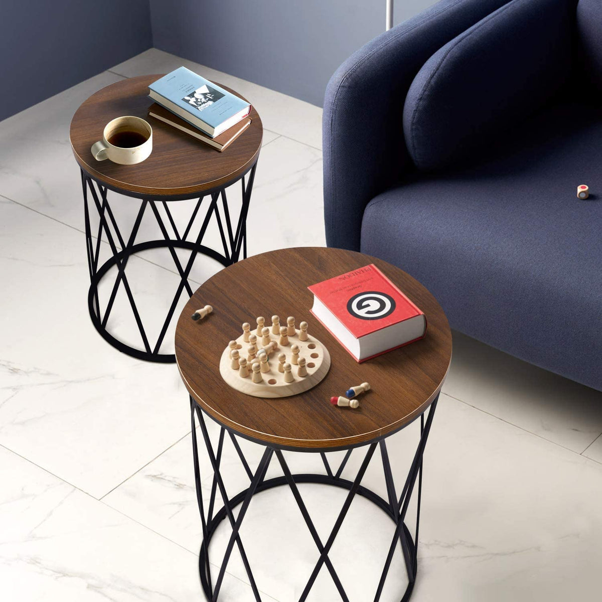Nest Of Tables: Set of 2 Industrial Nesting Coffee Tables with Wood and Metal Frame, Modern Nightstand for Living Room Office, Easy to Storage